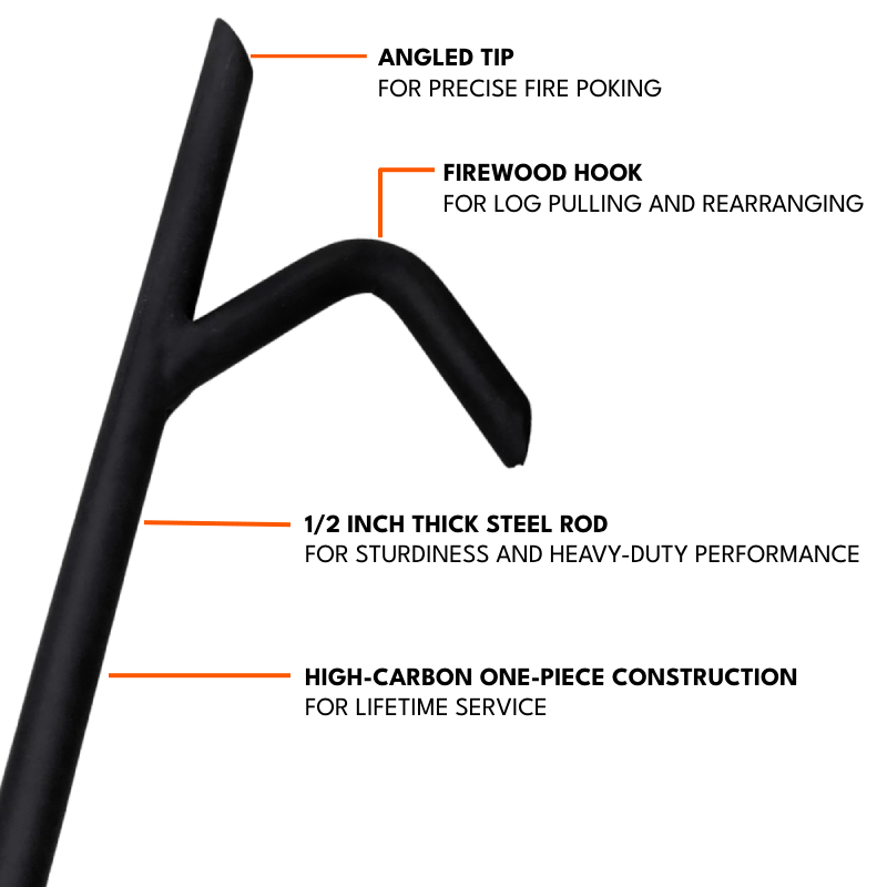 Tip of fire poker features including angled tip, firewood hook, thick steel rod and high carbon one piece construction