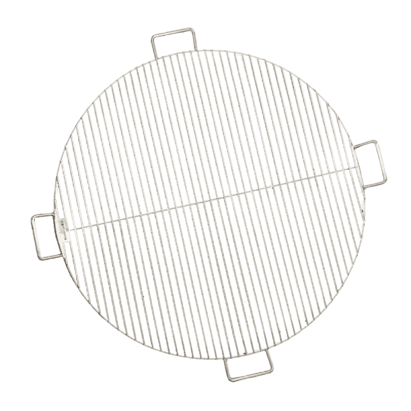 Round Stainless-steel Grilling Grate made with stainless steel rods, four handles, and a sturdy concave stainless steel brim.