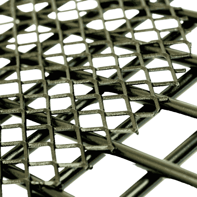 Close Up of steel mesh welded onto center of gridded steel rods on top of grate