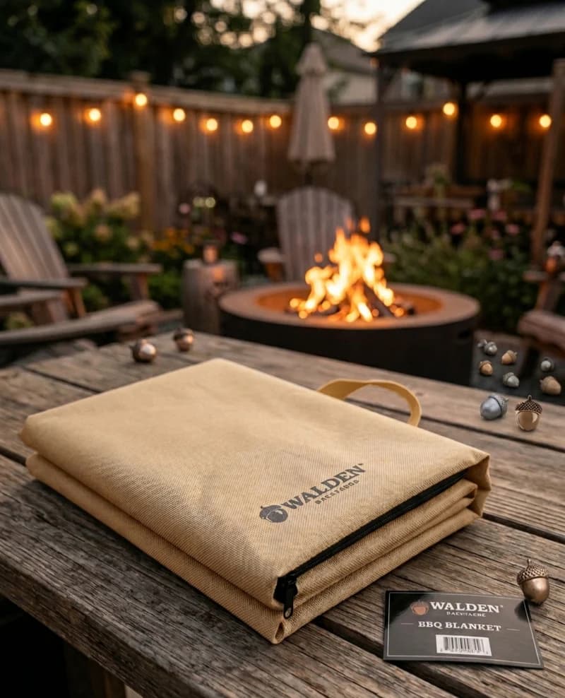 A lit fire pit at dusk on a wooden deck, string lights overhead and Adirondack chairs pulled around it