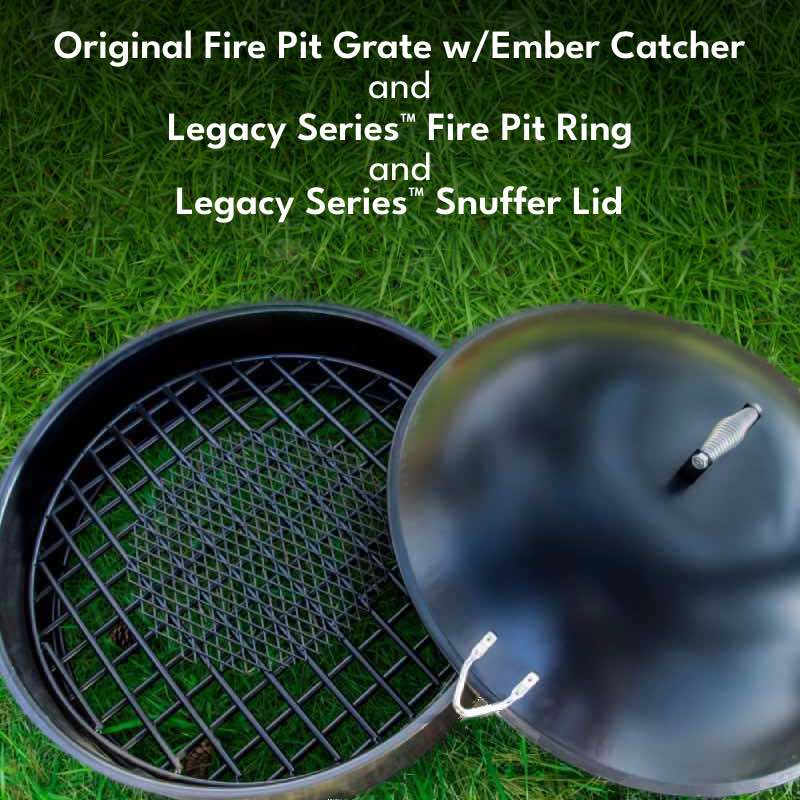Steel Fire Pit Grate with mesh ember catcher sits within the Walden 30" Steel Fire Pit Ring paired with domed snuffer lid.