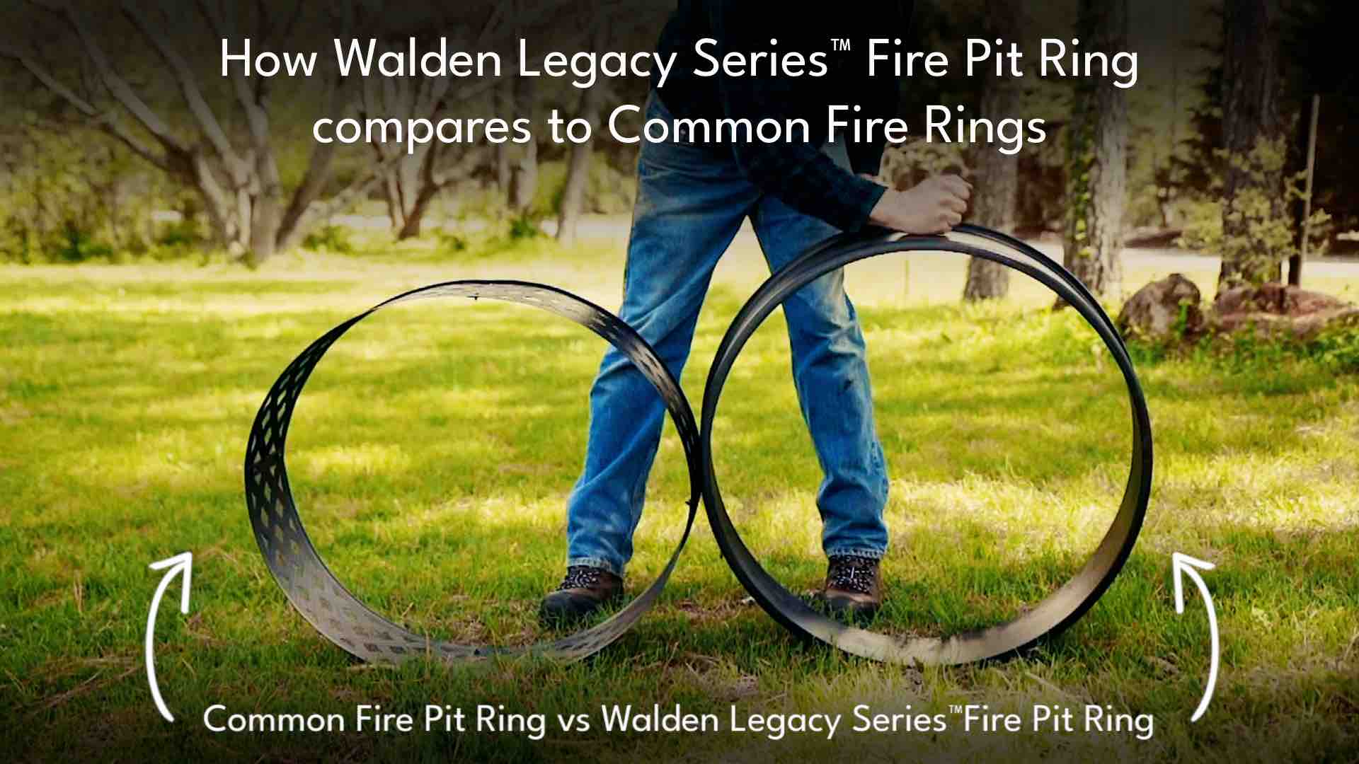 Man demonstrating how sturdy Walden Fire Pit Ring is compared to Common Fire Rings